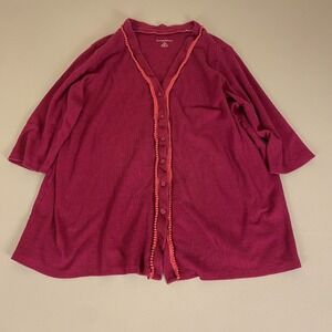 Woman Within Thermal Sleep Shirt Plus Size 2X Red Top Button Front 3/4 Sleeve‎